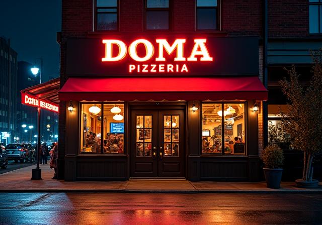 조명이 켜진 도마 피제리아의 야간 외관
