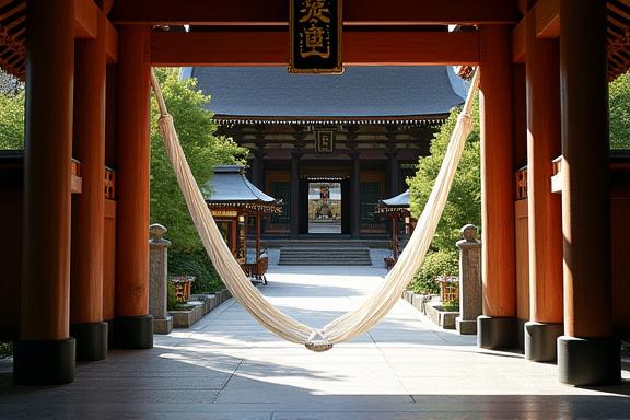 出雲大社の巨大な注連縄と荘厳な拝殿。