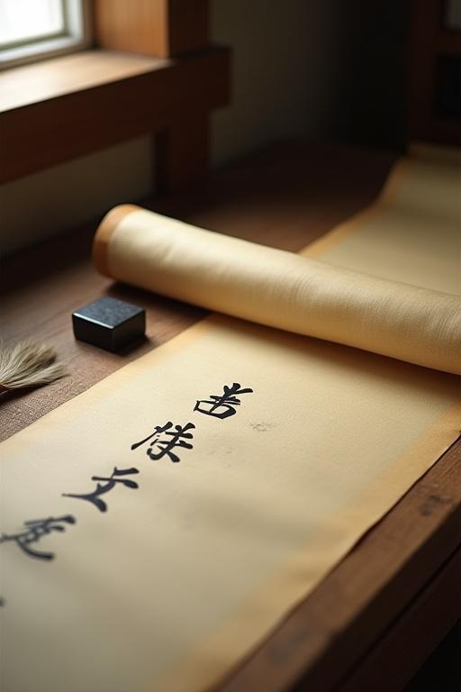 古い日本の巻物と、その 옆에置かれた筆と硯。