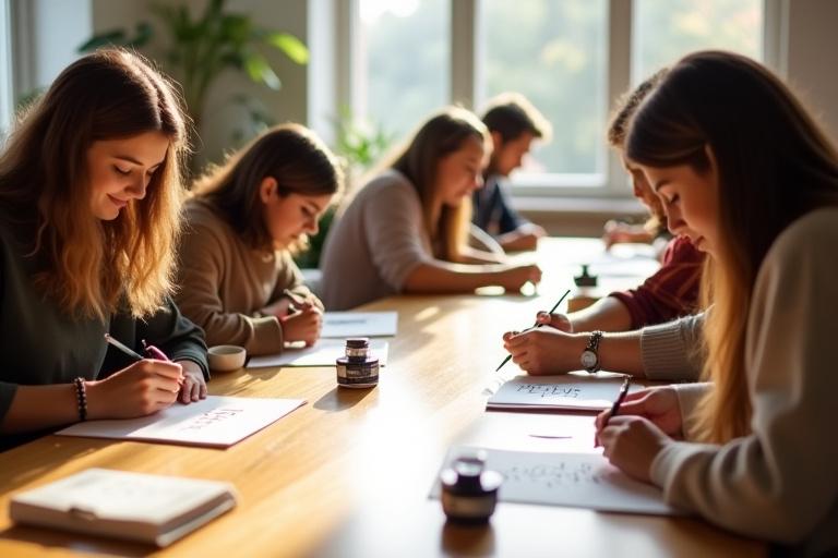 Gruppo di studenti che pratica calligrafia durante un workshop