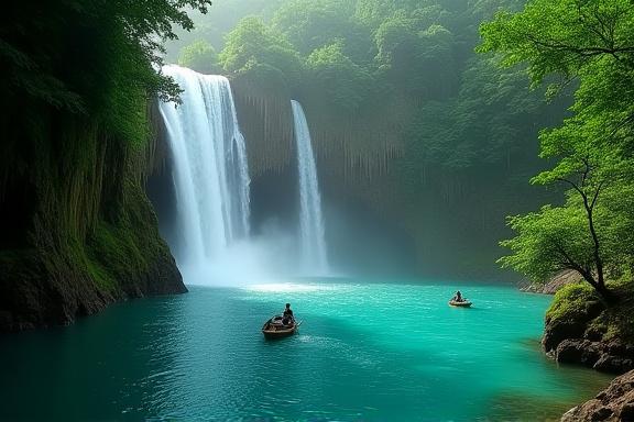 高千穂峡の神秘的な真名井の滝とボート。